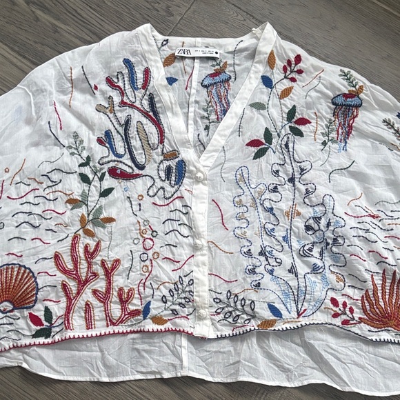 Zara | Multicolour Down by the Sea 100% Cotton Embroidered Kimono Sz Small - Picture 4 of 16